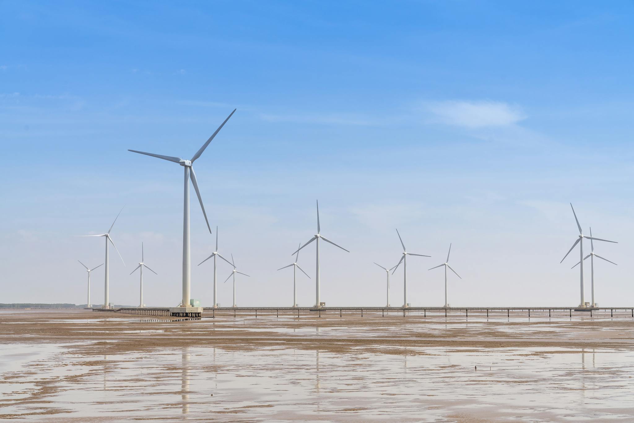 Expansive wind farm with turbines under a bright blue sky, showcasing renewable energy.